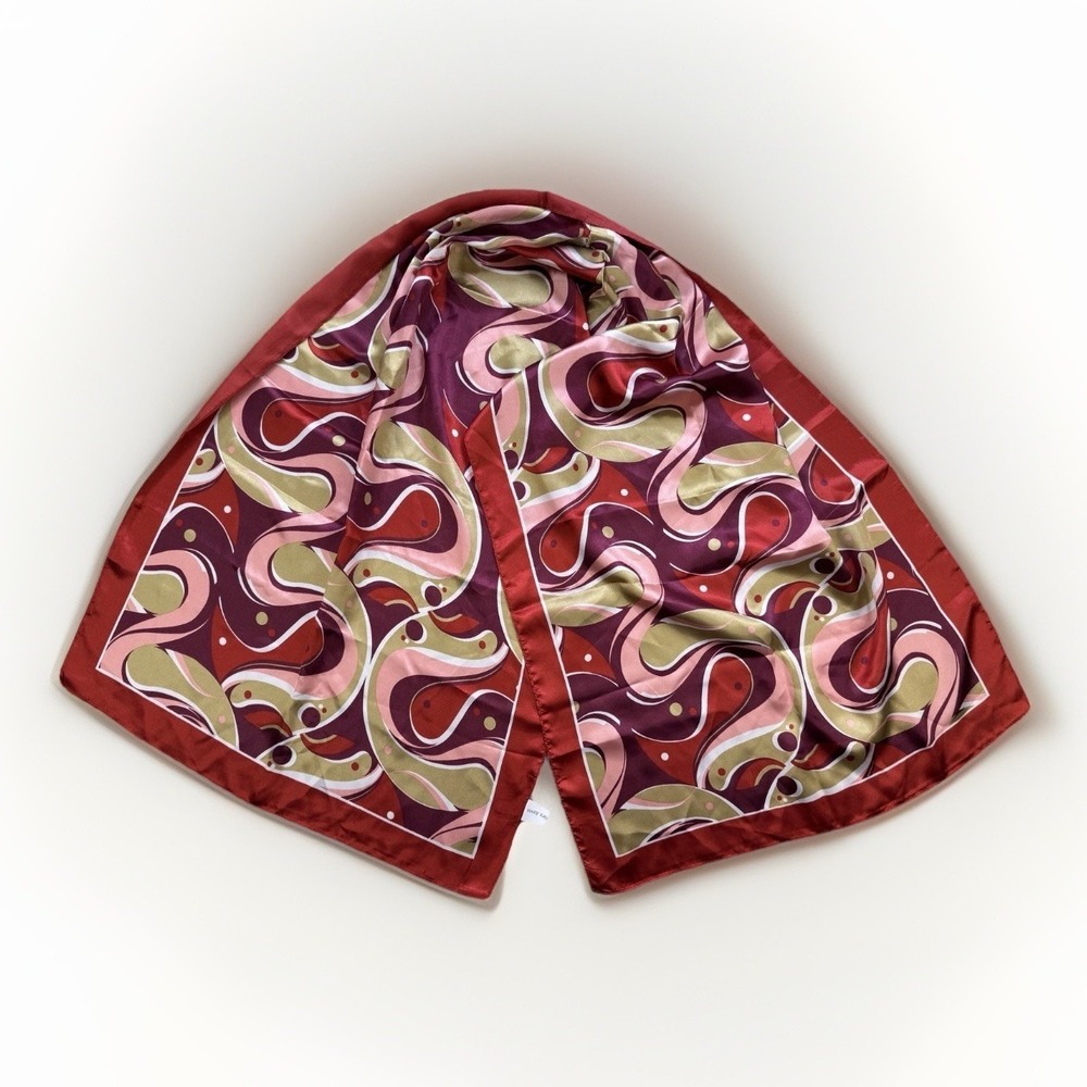 Mary Kay Satin Head Scarf Red Pink Abstract Retro Mod 20x60  Neck Wrap